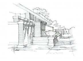 Fountain Pen and Ink sketch of the Robie Residence by Frank Lloyd Wright in Chicago, Illinois.