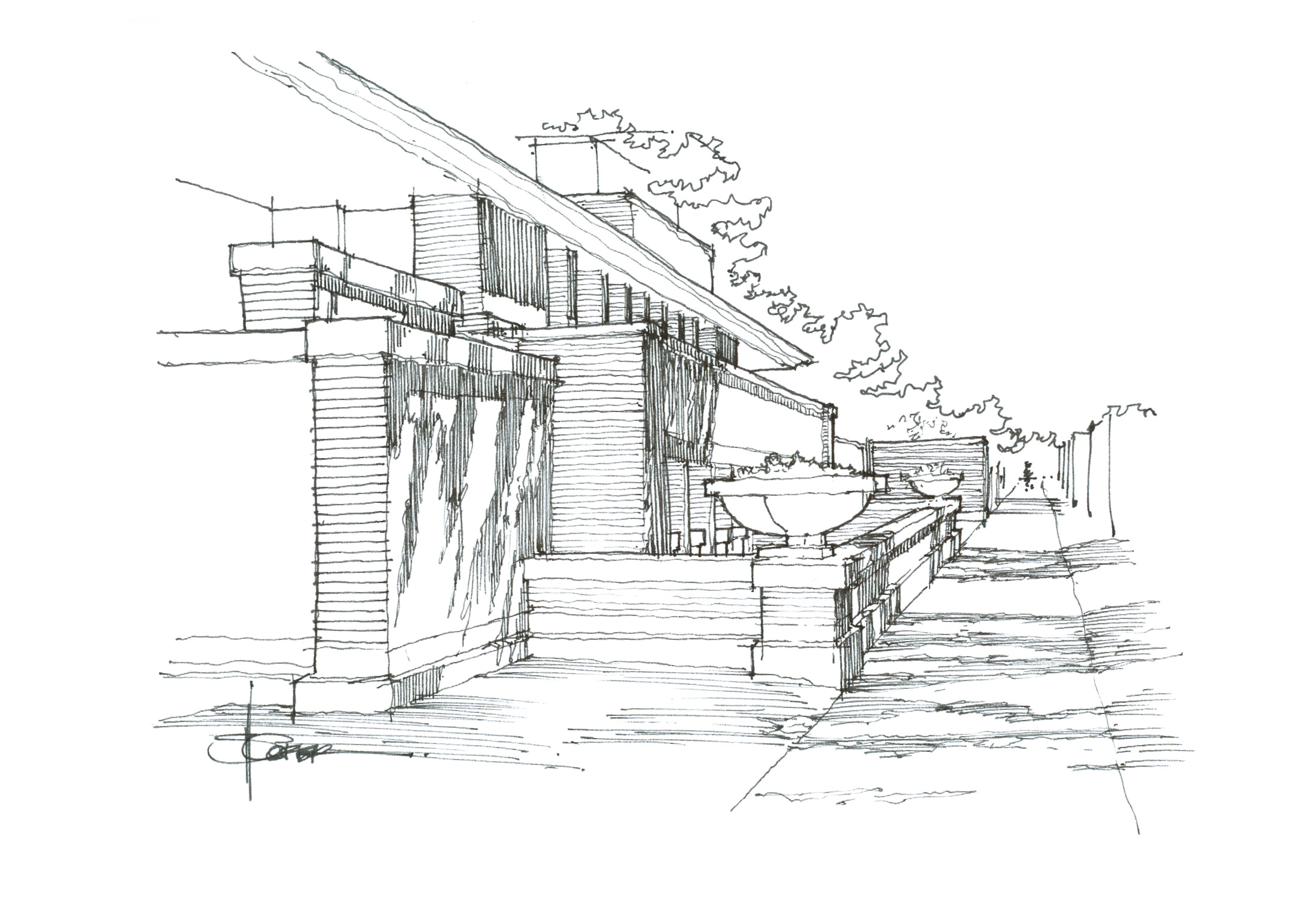 Fountain Pen and Ink sketch of the Robie Residence by Frank Lloyd Wright in Chicago, Illinois.