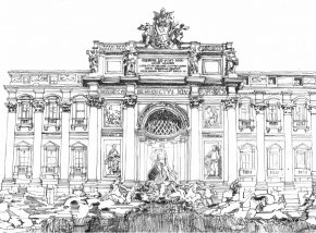Black and white pen and ink sketch of Trevi Fountain by Manoj Dalaya, FAIA.