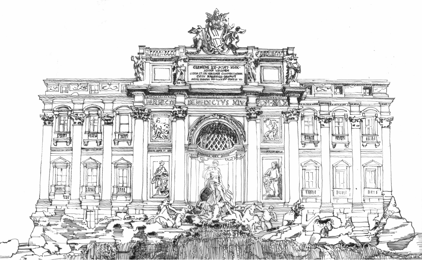 Black and white pen and ink sketch of Trevi Fountain by Manoj Dalaya, FAIA.