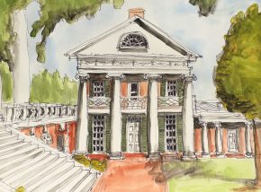 Watercolor of UVA by Russell Carlock