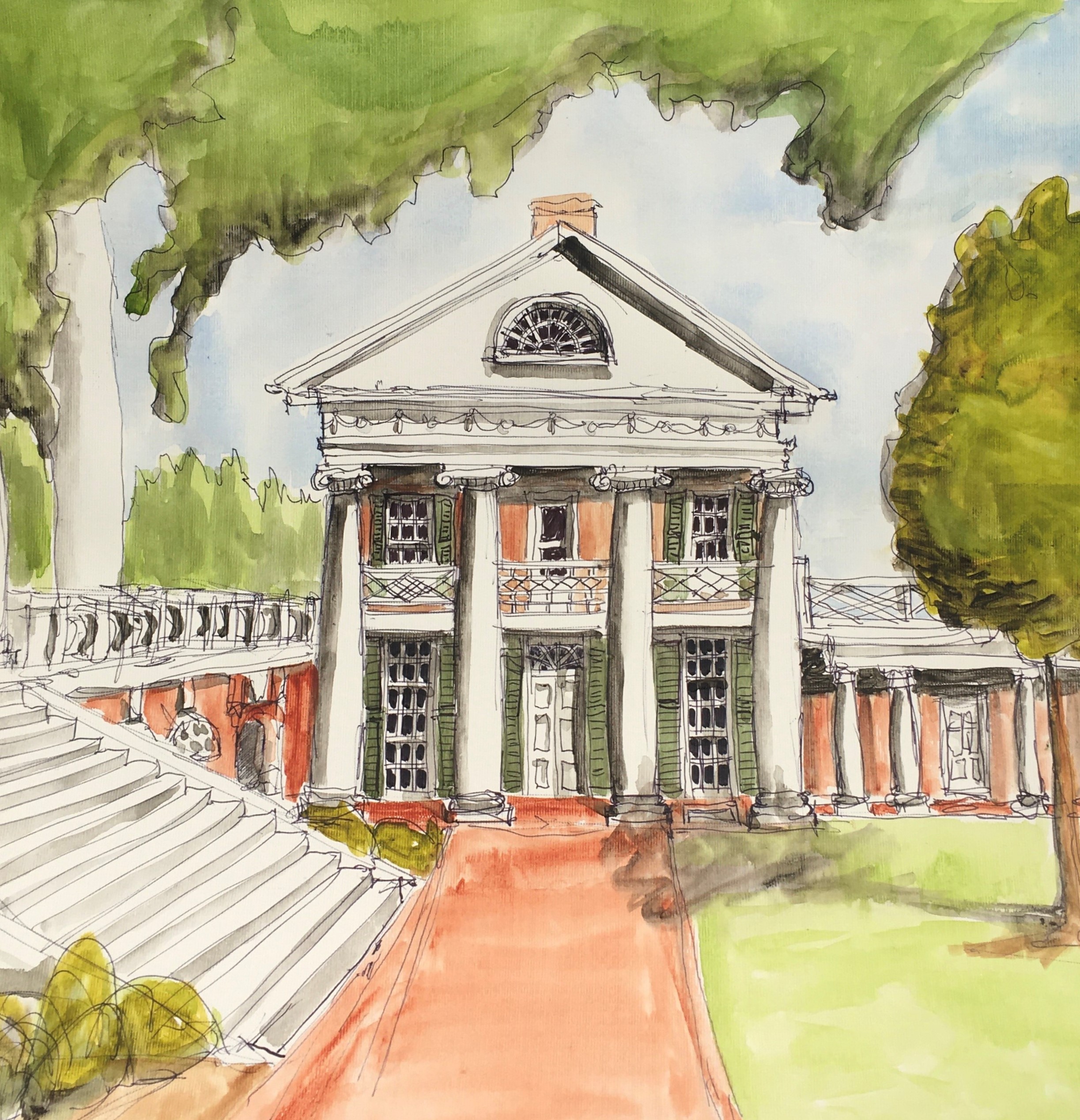 Watercolor of UVA by Russell Carlock