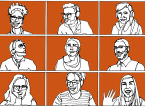Sketch of 6 people in a Zoom-like grid with an orange background