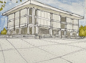 Russell Carlock AIA sketch of Cowgill Hall at Va Tech