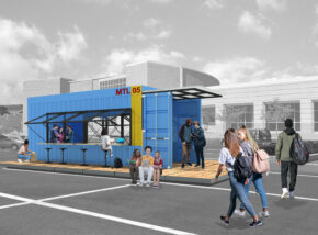 Rendering of a blue shipping container classroom in parking lot with decking