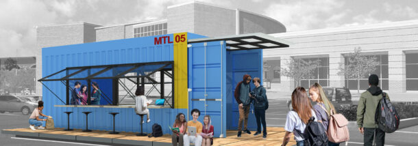 Rendering of a blue shipping container classroom in parking lot with decking