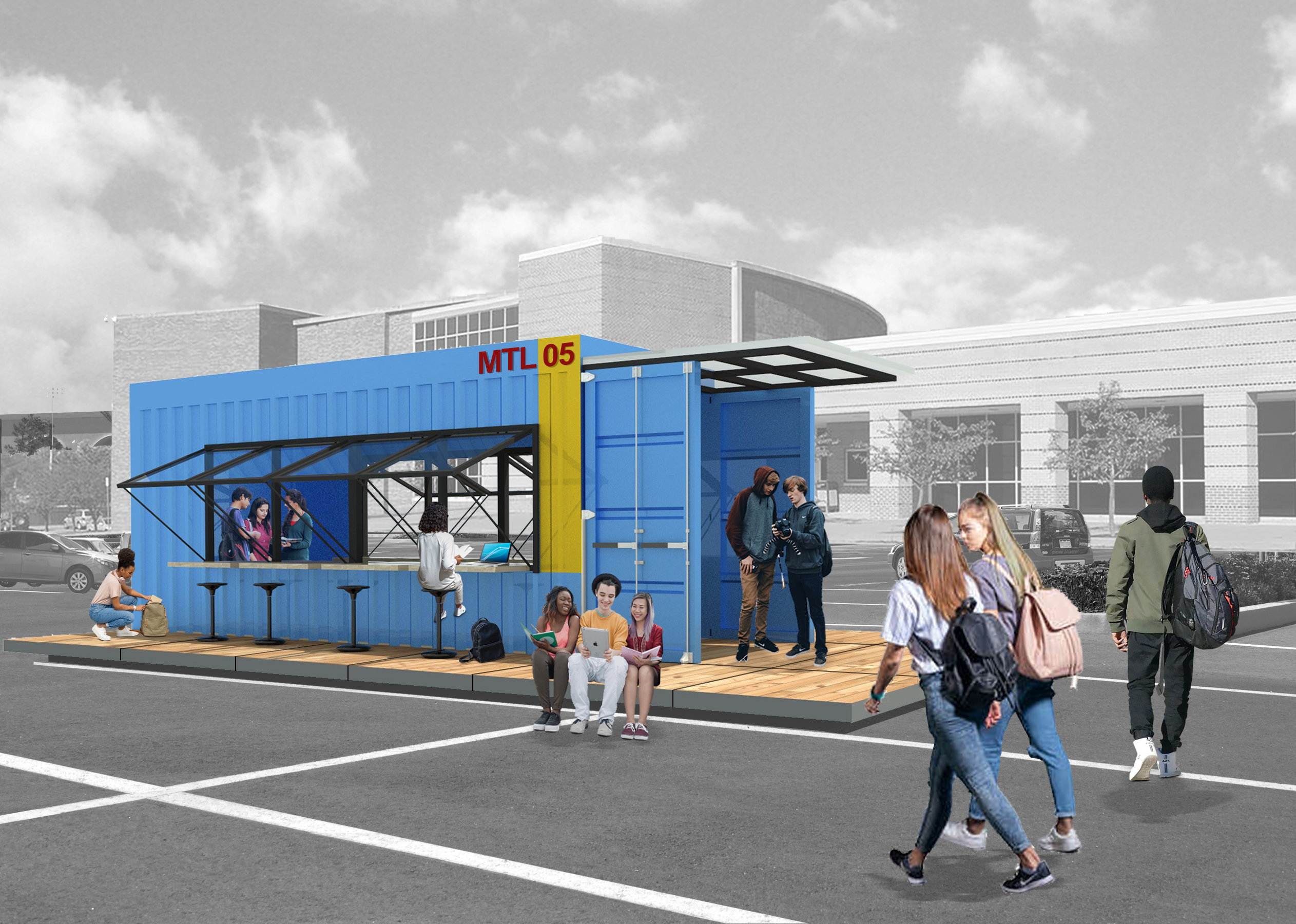 Rendering of a blue shipping container classroom in parking lot with decking