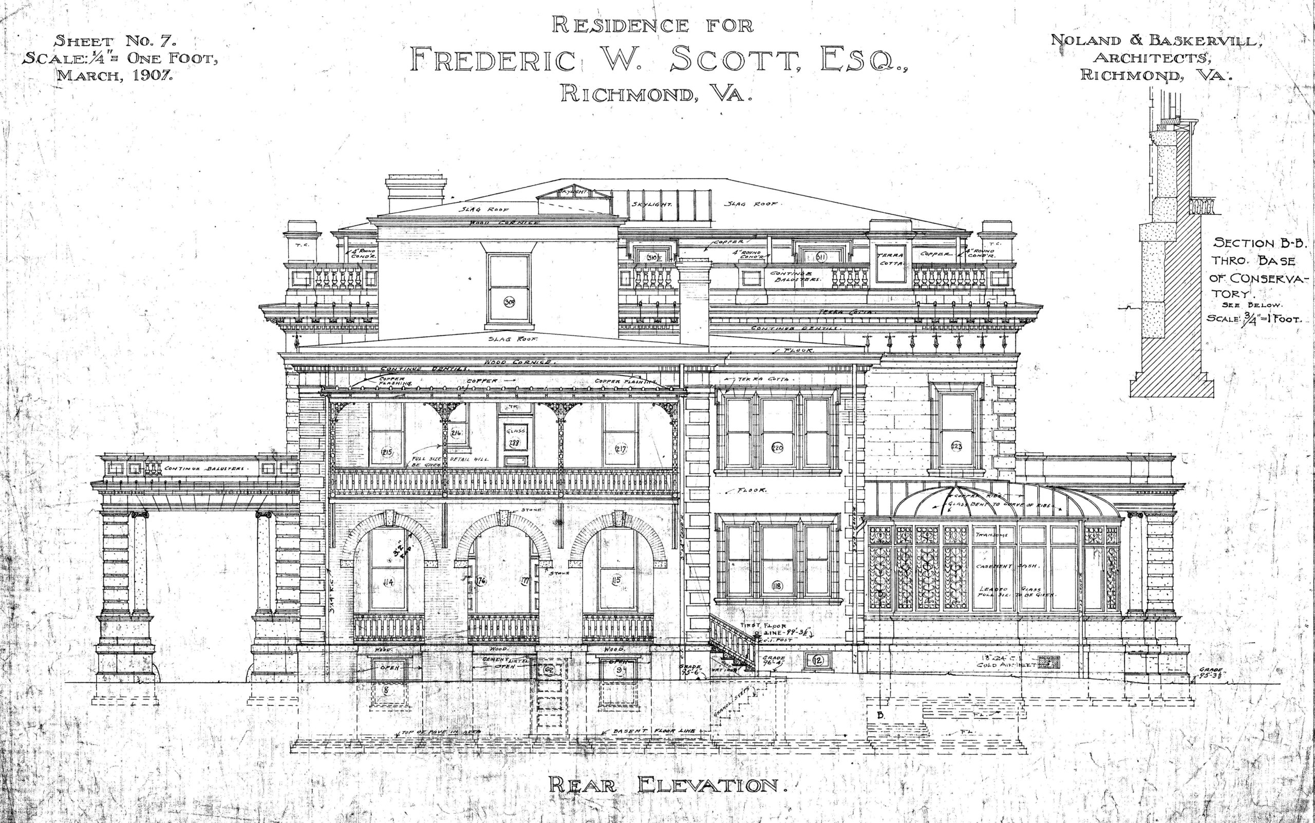 1907 drawing by Noland & Baskervill of the rear elevation of the residence for Frederick W. Scott