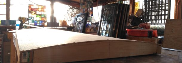 Photo of custom wooden curved working platforms.