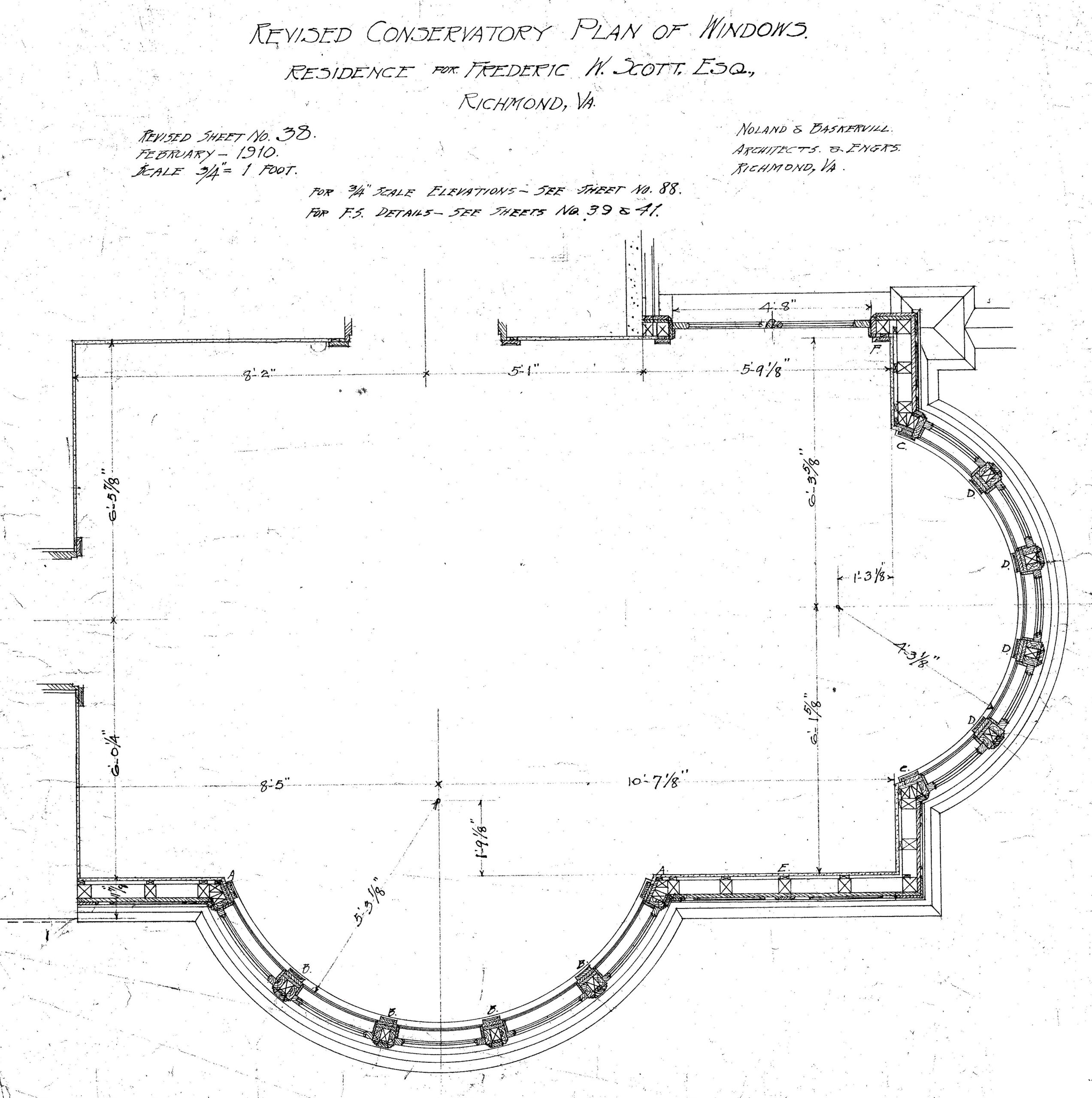 1910 revised plans for the Breakfast Room of the Scott House by Noland & Baskervill.