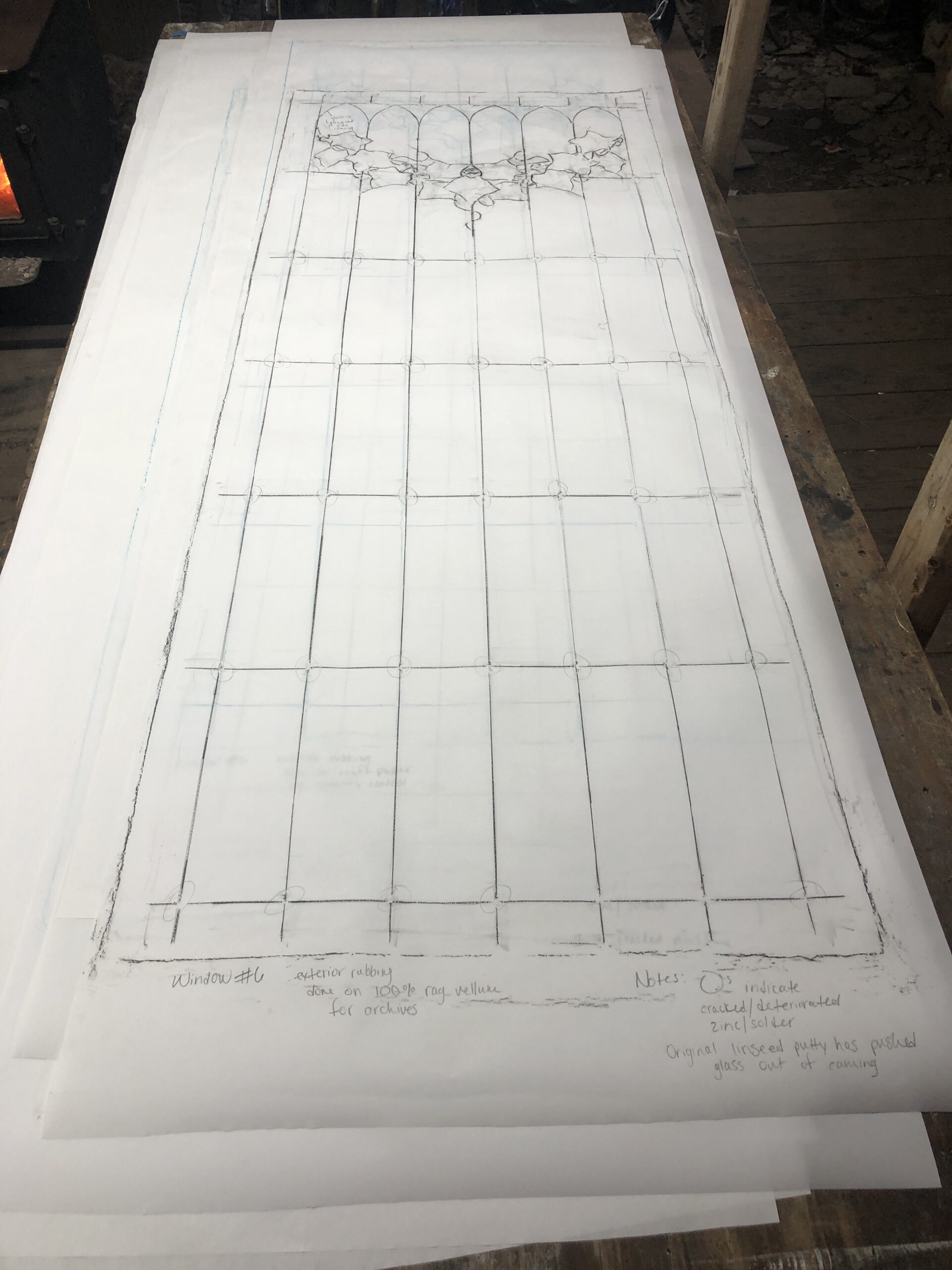 A rag vellum rubbing of one of the windows prior to disassembly.