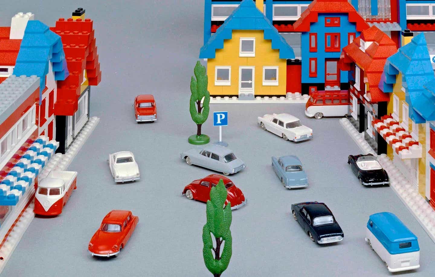 LEGO streetscape with buildings and vehicles
